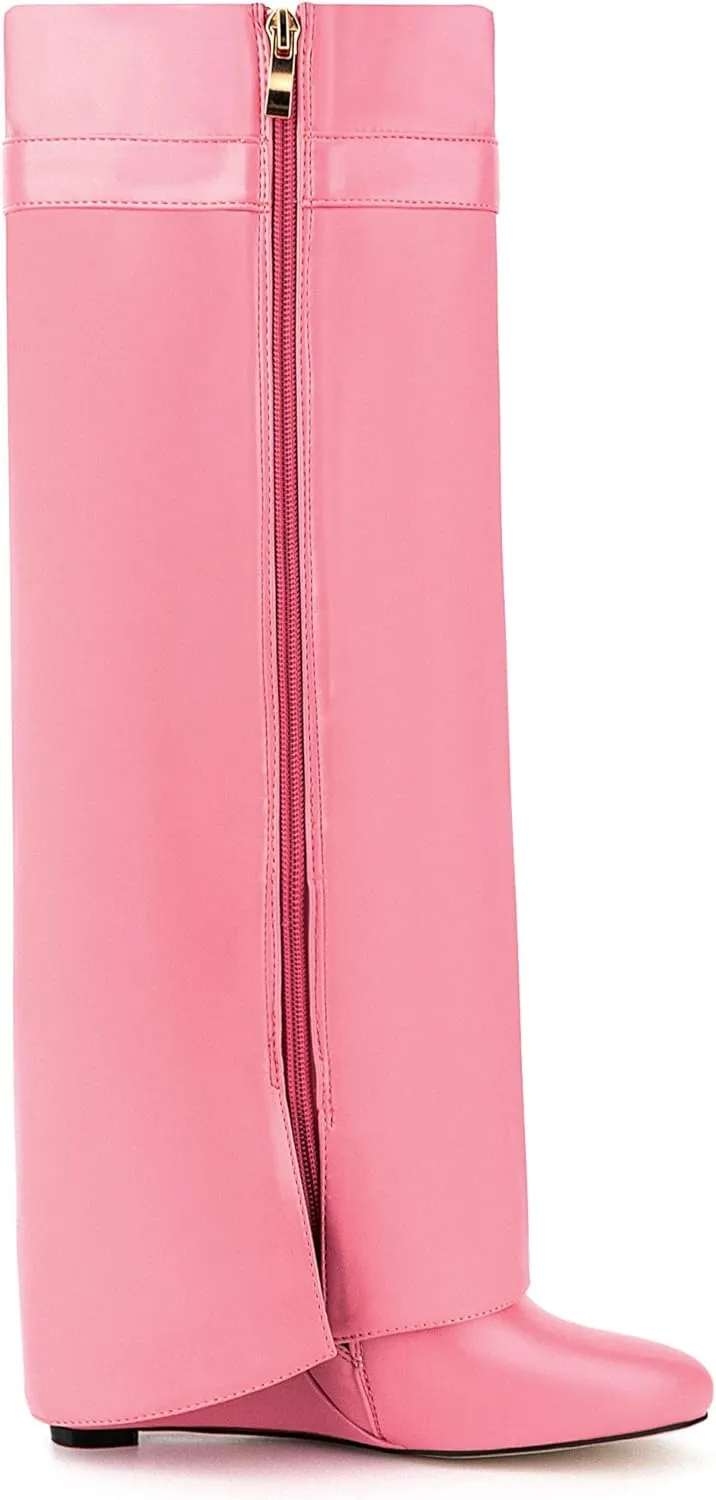 Fold Over Knee High Boots for Women Pointy Pull-on Wedge Heel Knee Shark Boot With Side Zipper Covered Wedge Heel Padlock Boot