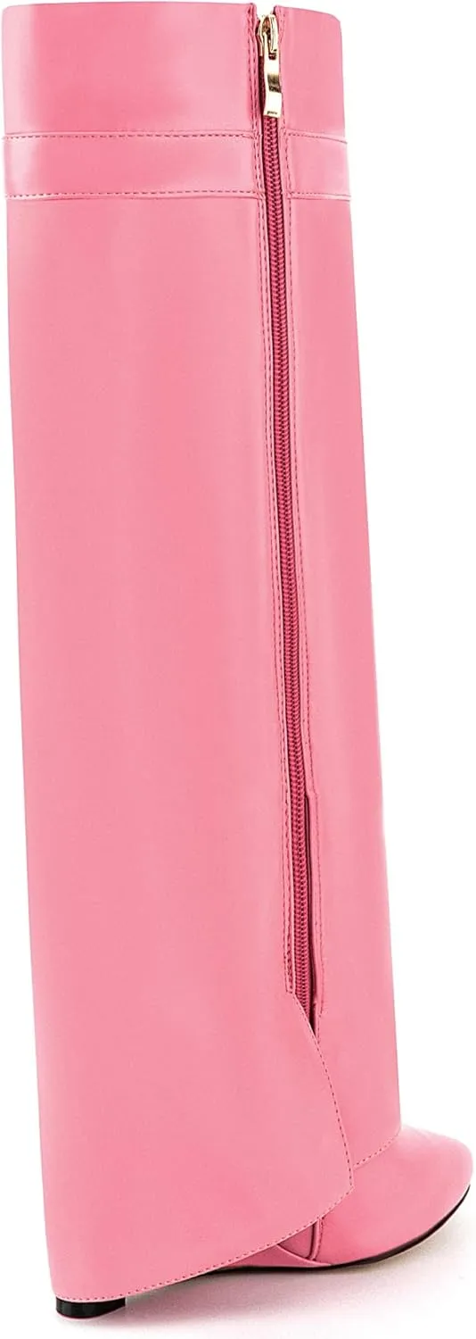 Fold Over Knee High Boots for Women Pointy Pull-on Wedge Heel Knee Shark Boot With Side Zipper Covered Wedge Heel Padlock Boot