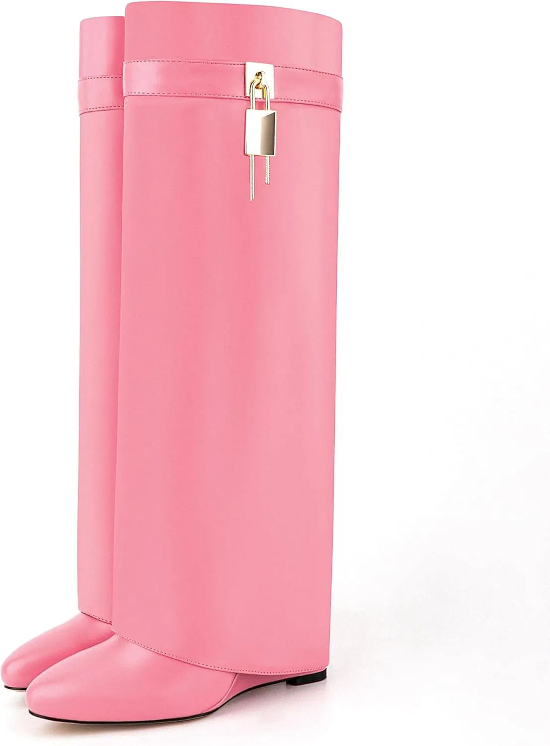 Fold Over Knee High Boots for Women Pointy Pull-on Wedge Heel Knee Shark Boot With Side Zipper Covered Wedge Heel Padlock Boot
