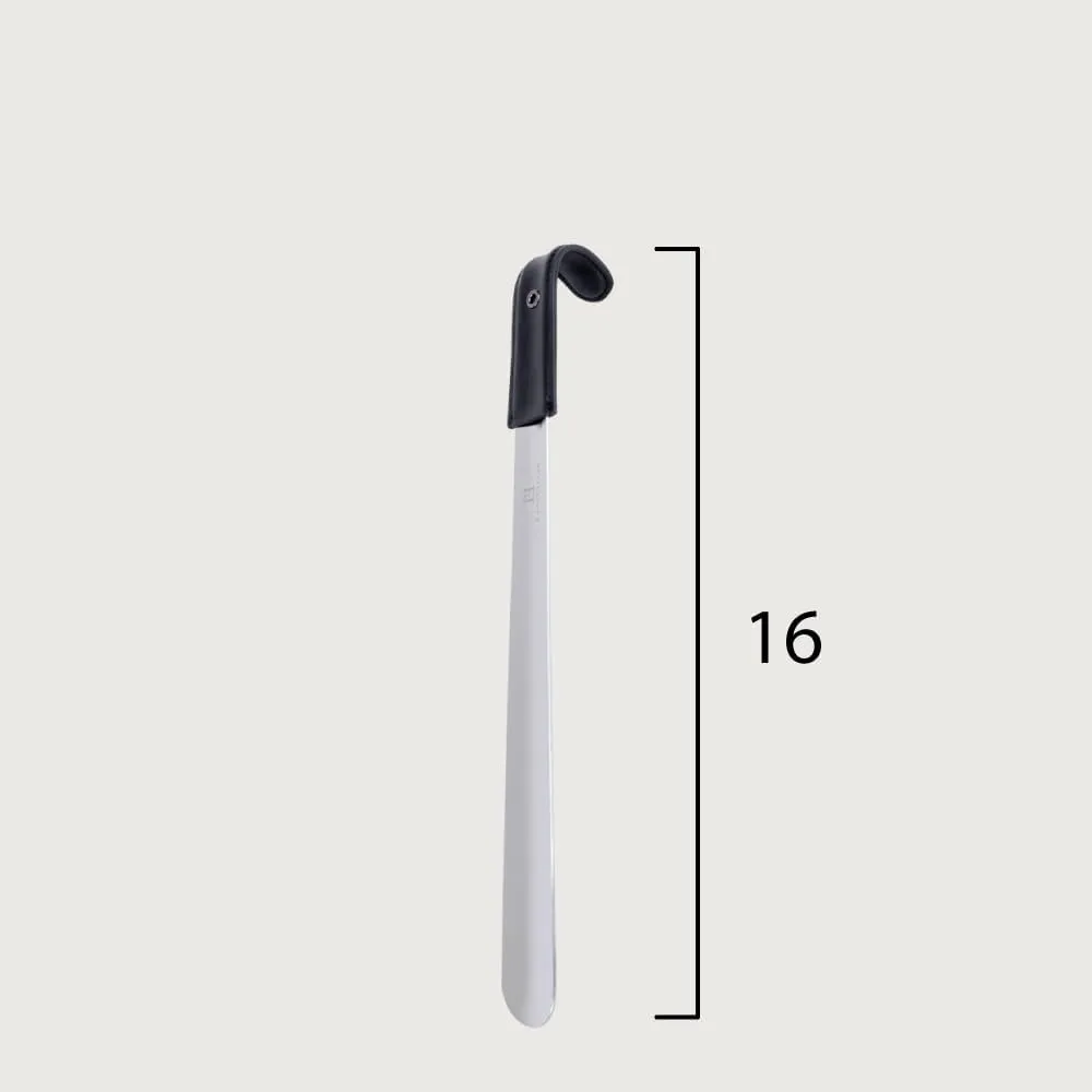 FootFitter Long Premium Stainless Steel Shoe Horn with Leather Handle Grip – Extra-Thick and Durable Metal Shoehorn