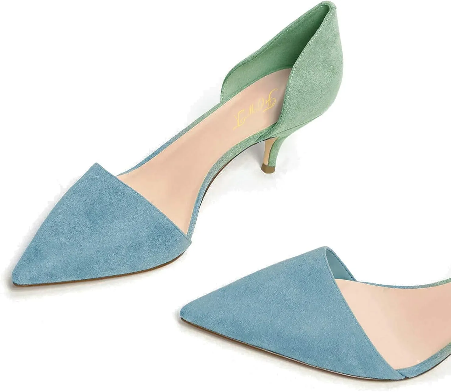 FOWT Women Closed Pointed Toe Kitten Heel Pumps Slip On Two Toned D'Orsay Low Stiletto Sandals Ladies Chic Shoes for Dress Office Party 4-16 M US