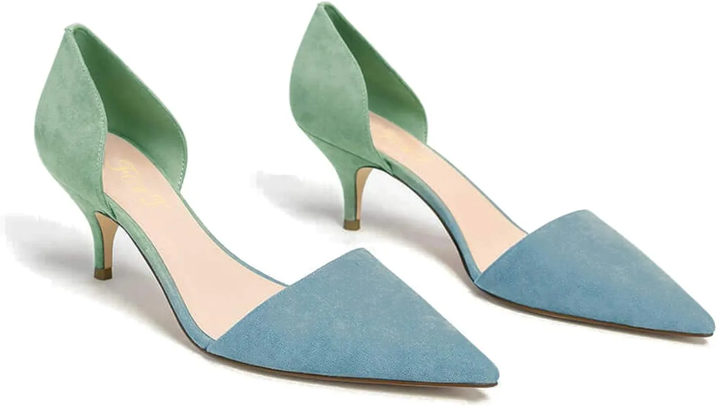 FOWT Women Closed Pointed Toe Kitten Heel Pumps Slip On Two Toned D'Orsay Low Stiletto Sandals Ladies Chic Shoes for Dress Office Party 4-16 M US