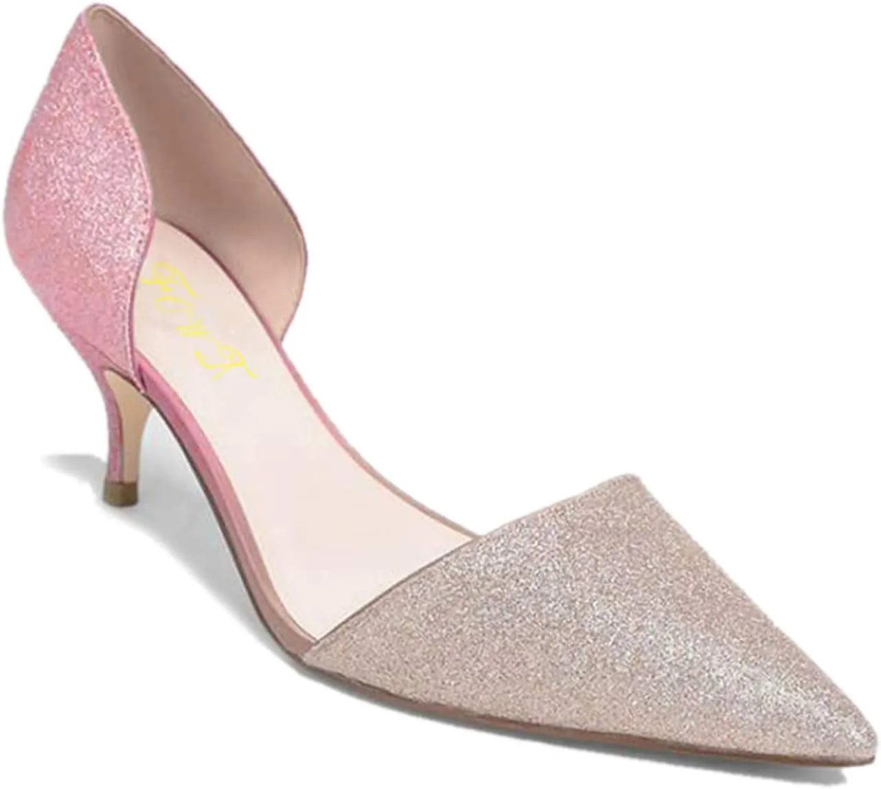 FOWT Women Closed Pointed Toe Kitten Heel Pumps Slip On Two Toned D'Orsay Low Stiletto Sandals Ladies Chic Shoes for Dress Office Party 4-16 M US
