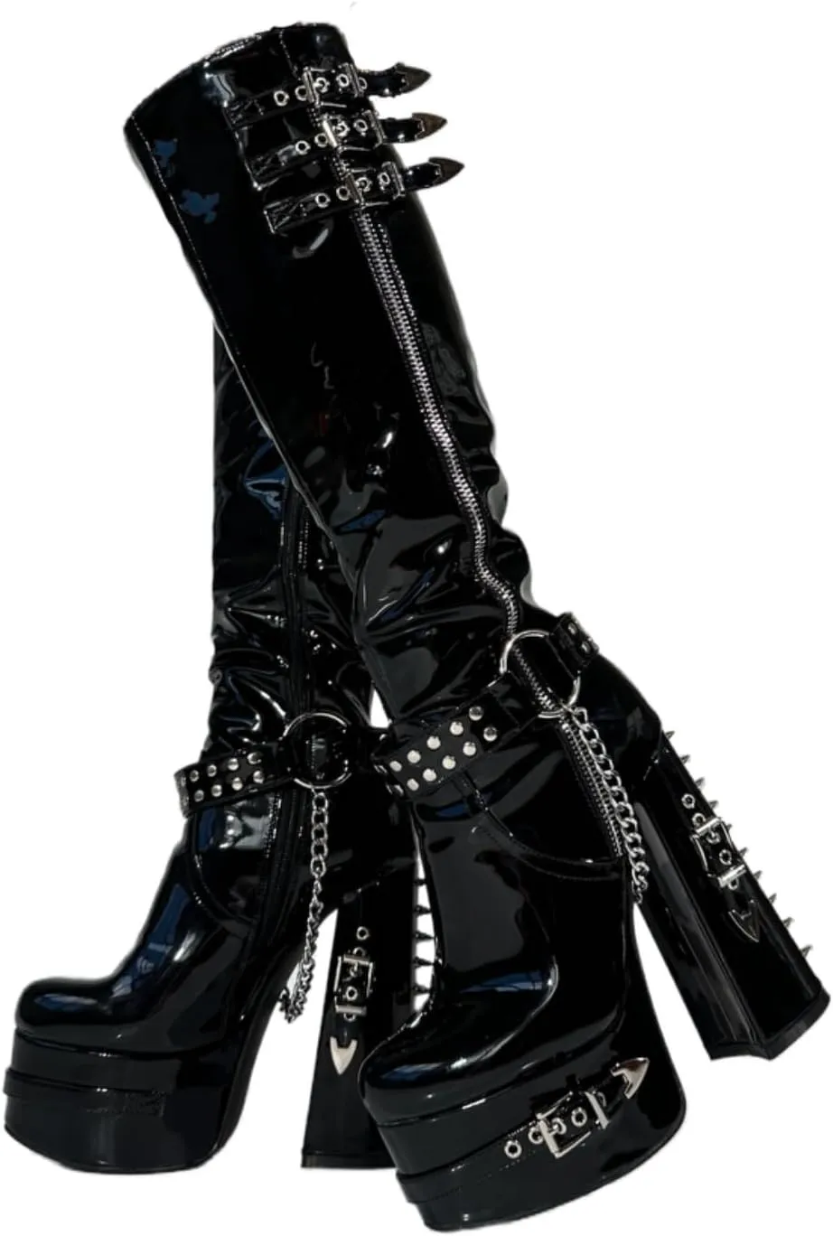 Frankie Hsu Goth Sexy Chunky Platform Knee High Heeled Boots, Black Patent Silver Chain Rivets Ring Buckle Gothic, Punk Y2K Hot Girl Big Large Size Wide Calf Shoes For Women Men