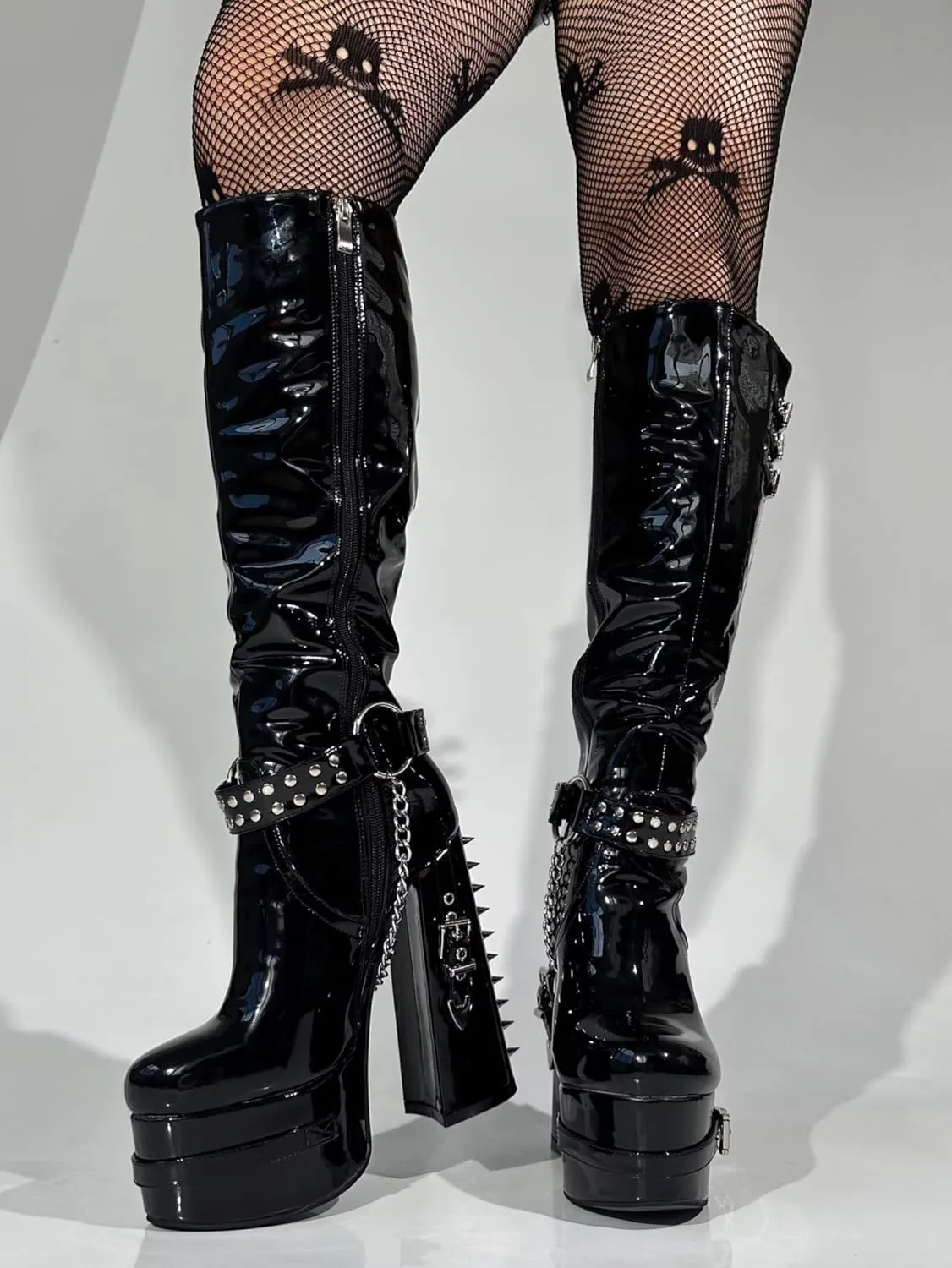 Frankie Hsu Goth Sexy Chunky Platform Knee High Heeled Boots, Black Patent Silver Chain Rivets Ring Buckle Gothic, Punk Y2K Hot Girl Big Large Size Wide Calf Shoes For Women Men