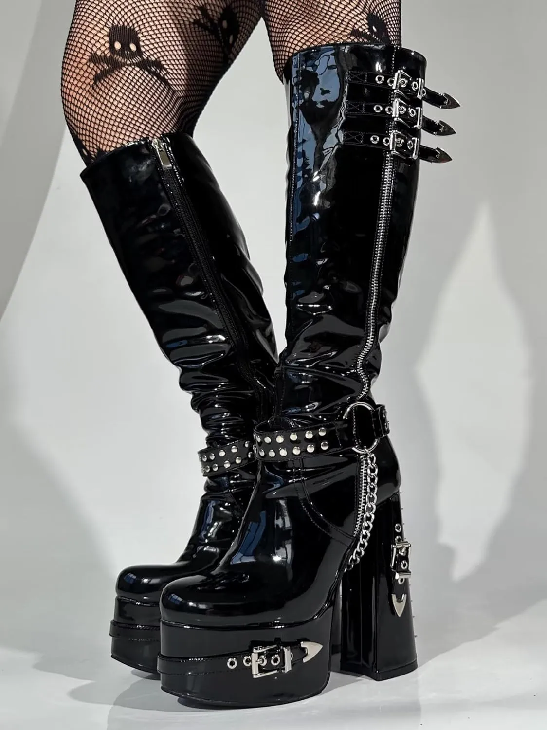 Frankie Hsu Goth Sexy Chunky Platform Knee High Heeled Boots, Black Patent Silver Chain Rivets Ring Buckle Gothic, Punk Y2K Hot Girl Big Large Size Wide Calf Shoes For Women Men