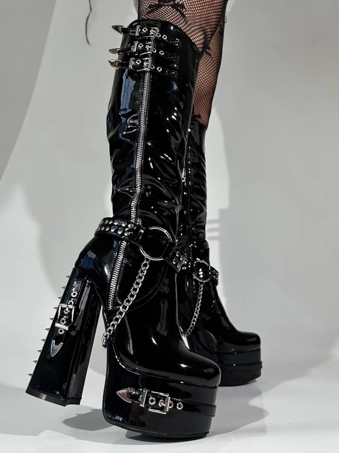 Frankie Hsu Goth Sexy Chunky Platform Knee High Heeled Boots, Black Patent Silver Chain Rivets Ring Buckle Gothic, Punk Y2K Hot Girl Big Large Size Wide Calf Shoes For Women Men