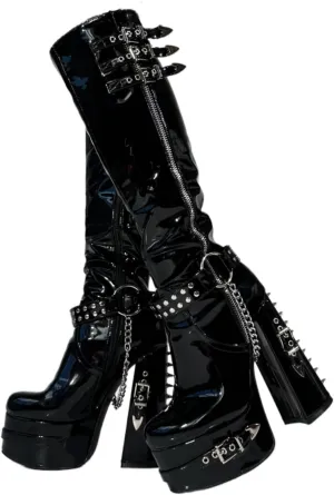 Frankie Hsu Goth Sexy Chunky Platform Knee High Heeled Boots, Black Patent Silver Chain Rivets Ring Buckle Gothic, Punk Y2K Hot Girl Big Large Size Wide Calf Shoes For Women Men