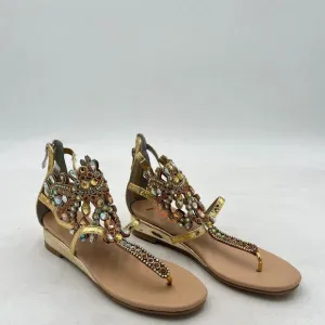 FSJ Gold Women's Beaded Rhinestones Sandals T-Strap Bohemian Sandals Breathable