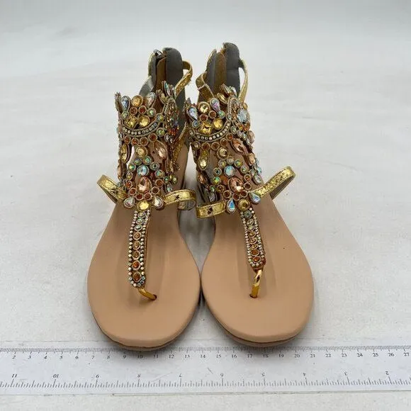 FSJ Gold Women's Beaded Rhinestones Sandals T-Strap Bohemian Sandals Breathable