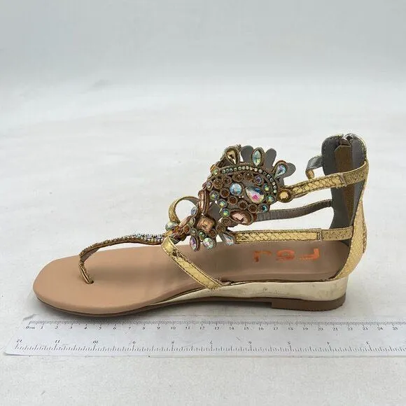 FSJ Gold Women's Beaded Rhinestones Sandals T-Strap Bohemian Sandals Breathable