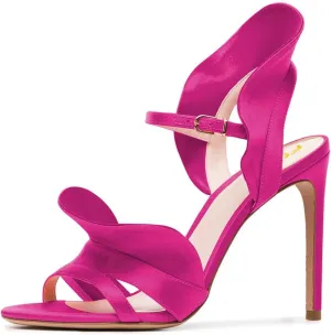 FSJ Women Dressy Open Toe Stiletto High Heel Ankle Strap Satin Sandal with Ruffle Size 4-15 US