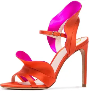 FSJ Women Dressy Open Toe Stiletto High Heel Ankle Strap Satin Sandal with Ruffle Size 4-15 US