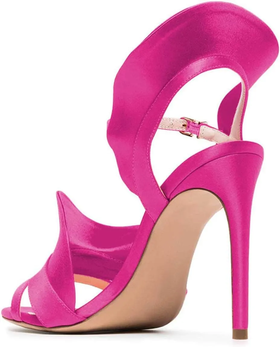 FSJ Women Dressy Open Toe Stiletto High Heel Ankle Strap Satin Sandal with Ruffle Size 4-15 US