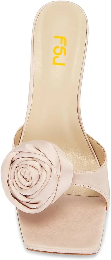 FSJ Women Romantic Rose Mules Square Open Toe Flower Sandals Slip On Backless Stiletto Heel Summer Slides Shoes Size 4-16 US