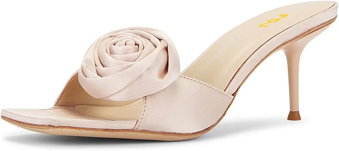 FSJ Women Romantic Rose Mules Square Open Toe Flower Sandals Slip On Backless Stiletto Heel Summer Slides Shoes Size 4-16 US
