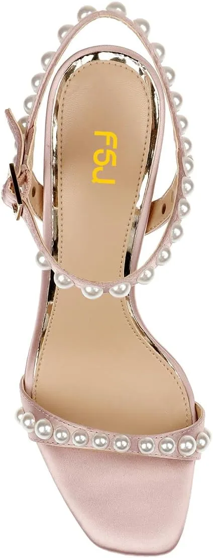 FSJ Women Square Open Toe Strappy Sandals Pearl Studded Ankle Strap Stiletto High Heel Slingback Dating Evening Dress Shoes Size 4-16 US