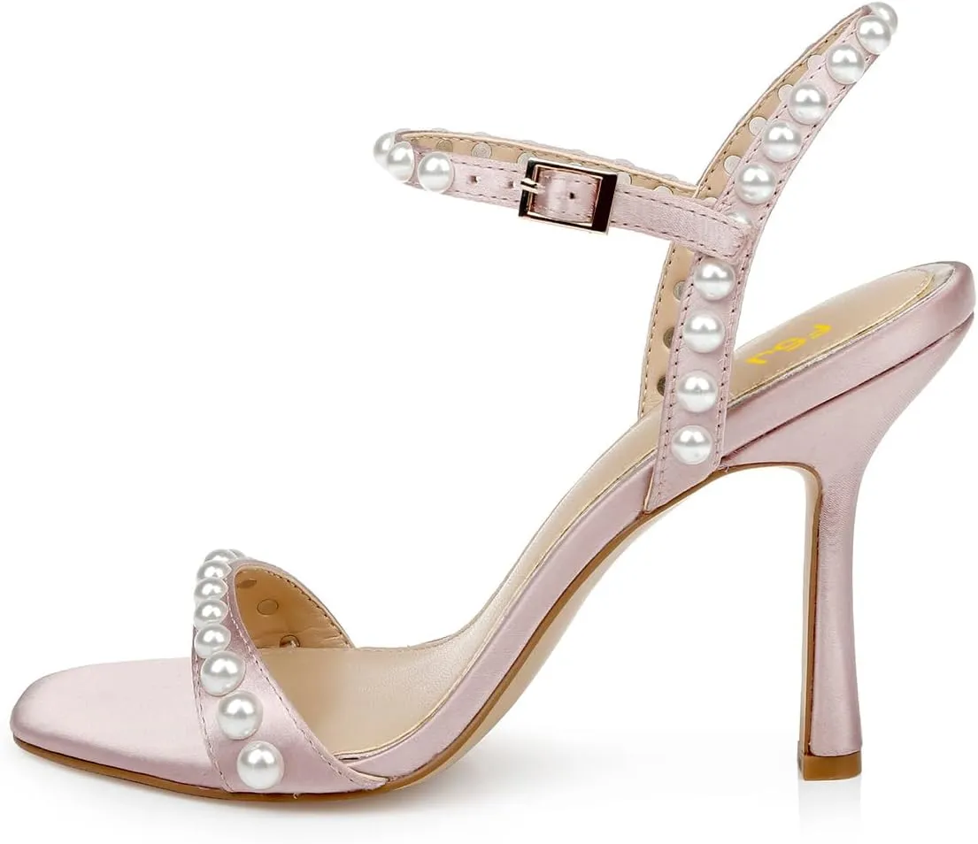 FSJ Women Square Open Toe Strappy Sandals Pearl Studded Ankle Strap Stiletto High Heel Slingback Dating Evening Dress Shoes Size 4-16 US