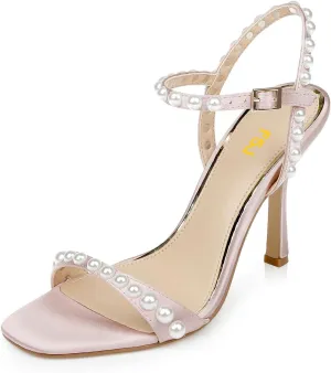FSJ Women Square Open Toe Strappy Sandals Pearl Studded Ankle Strap Stiletto High Heel Slingback Dating Evening Dress Shoes Size 4-16 US
