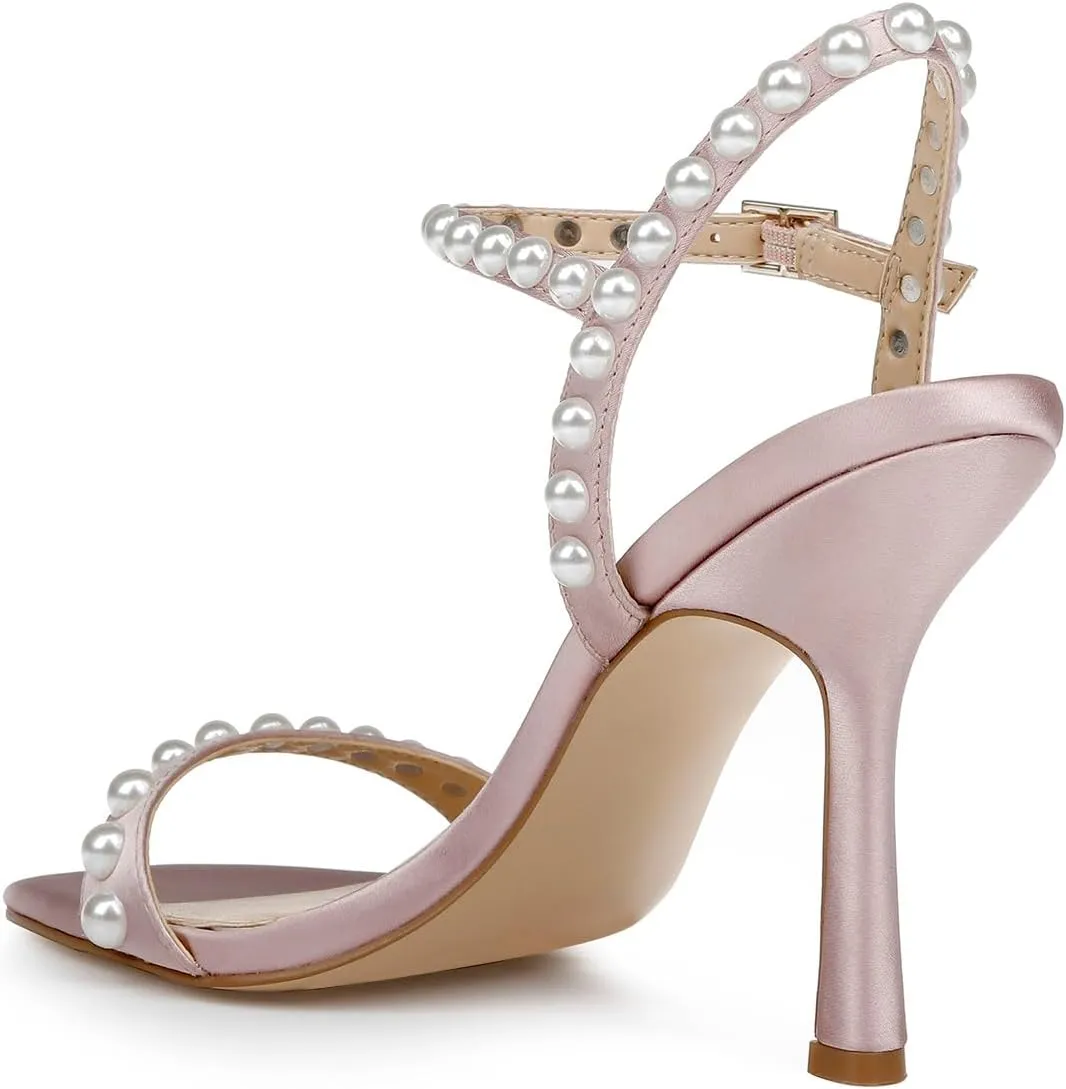 FSJ Women Square Open Toe Strappy Sandals Pearl Studded Ankle Strap Stiletto High Heel Slingback Dating Evening Dress Shoes Size 4-16 US
