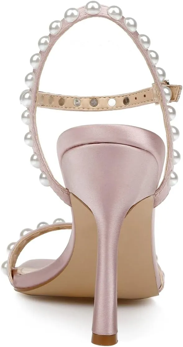 FSJ Women Square Open Toe Strappy Sandals Pearl Studded Ankle Strap Stiletto High Heel Slingback Dating Evening Dress Shoes Size 4-16 US