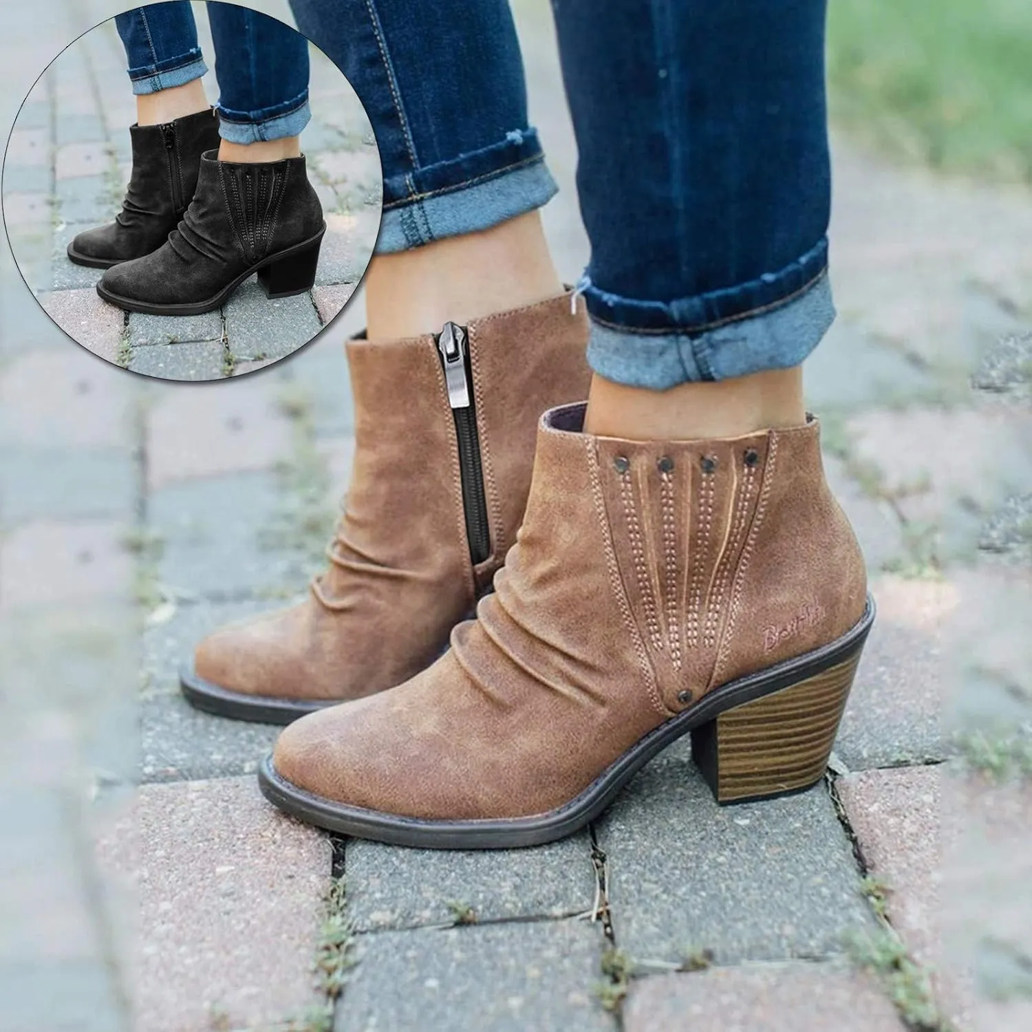 Gibobby Ankle Boots for Women Dressy Wedge Boots V Cutout Autumn Dressing Stacked Chunky Heel Short Cowboy Booties 2022 Fall Boots