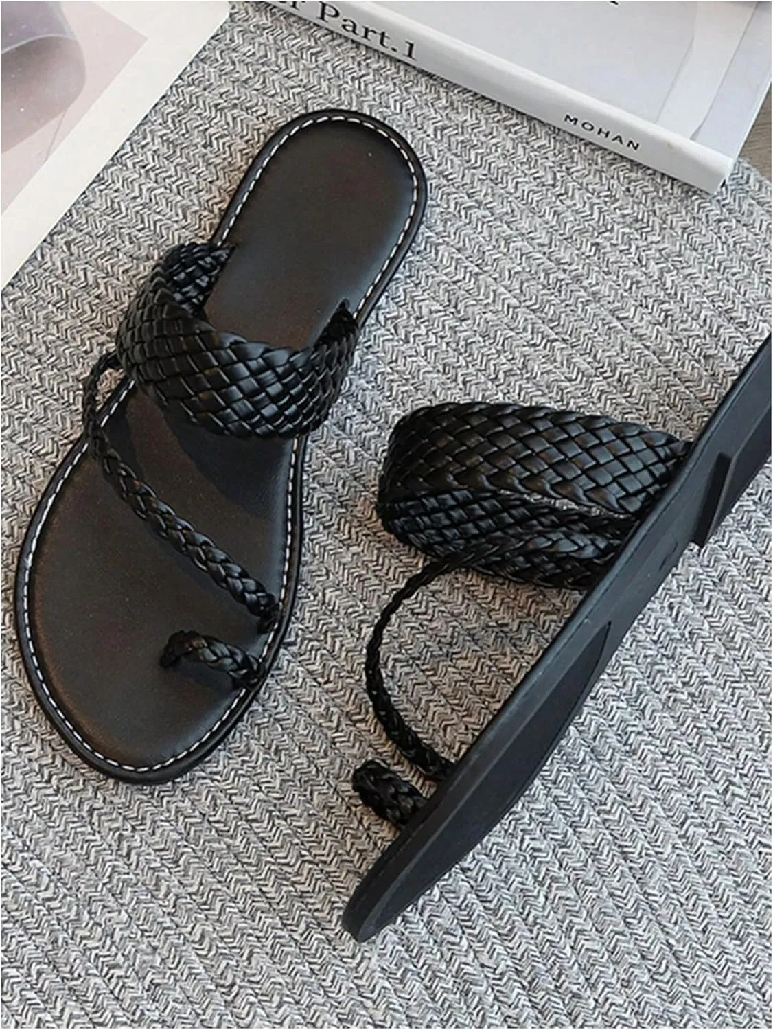 GORGLITTER Girl's Strappy Leather Flats Sandal Cute Braided Dressy Toe Ring Slip on Slide Sandals