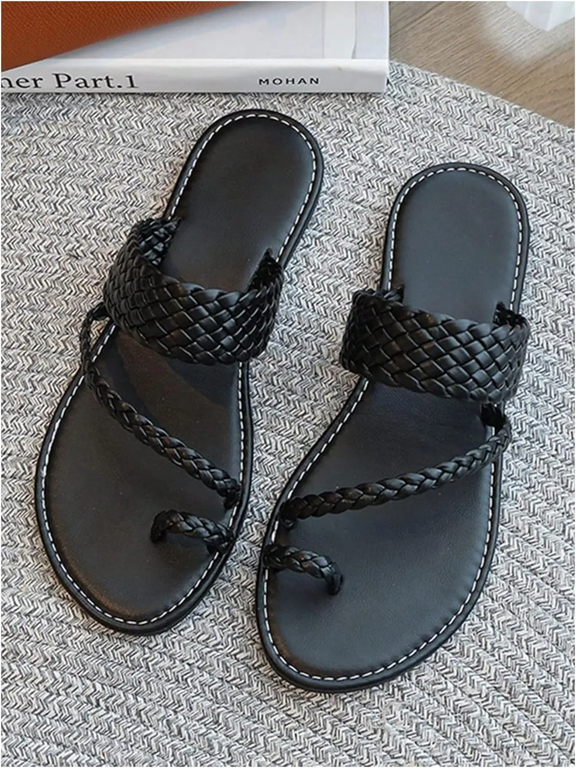 GORGLITTER Girl's Strappy Leather Flats Sandal Cute Braided Dressy Toe Ring Slip on Slide Sandals