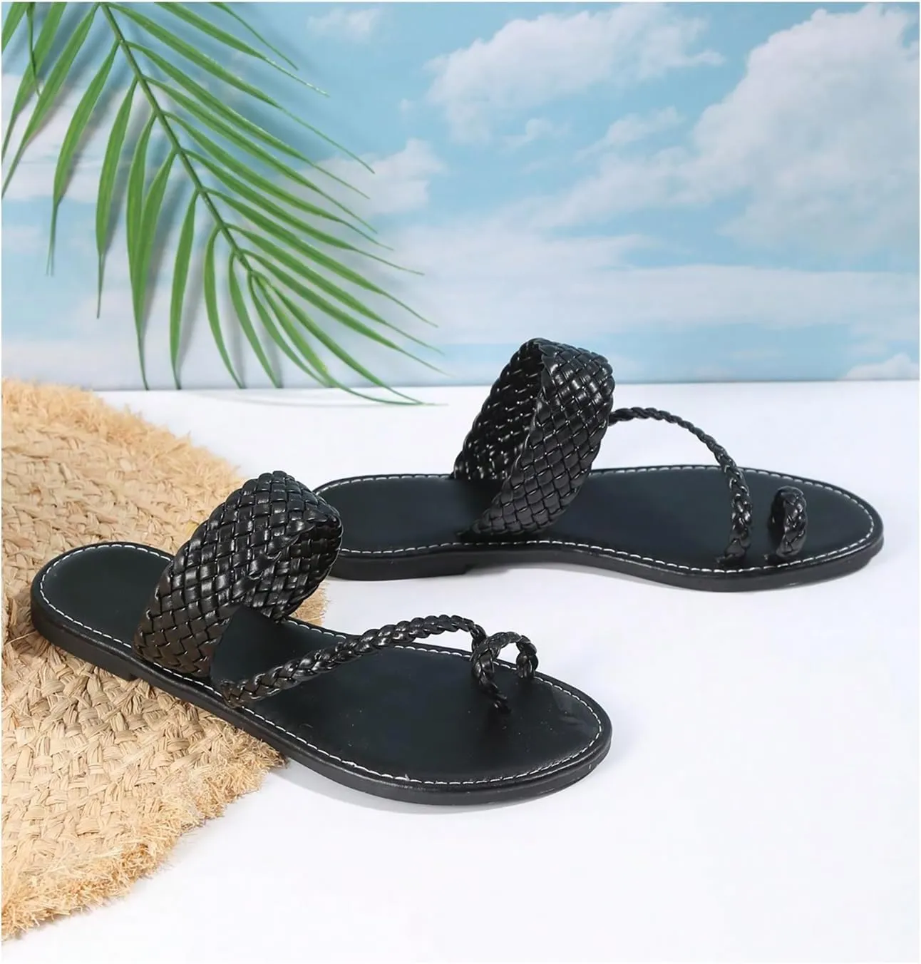 GORGLITTER Girl's Strappy Leather Flats Sandal Cute Braided Dressy Toe Ring Slip on Slide Sandals