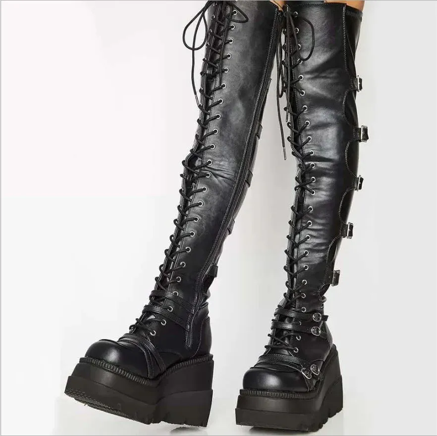 Gothic Thigh High Boots Women Platform Wedges Motorcycle Boot Over The Knee Army Stripper Heels Punk Lace-up Belt Buckle Long