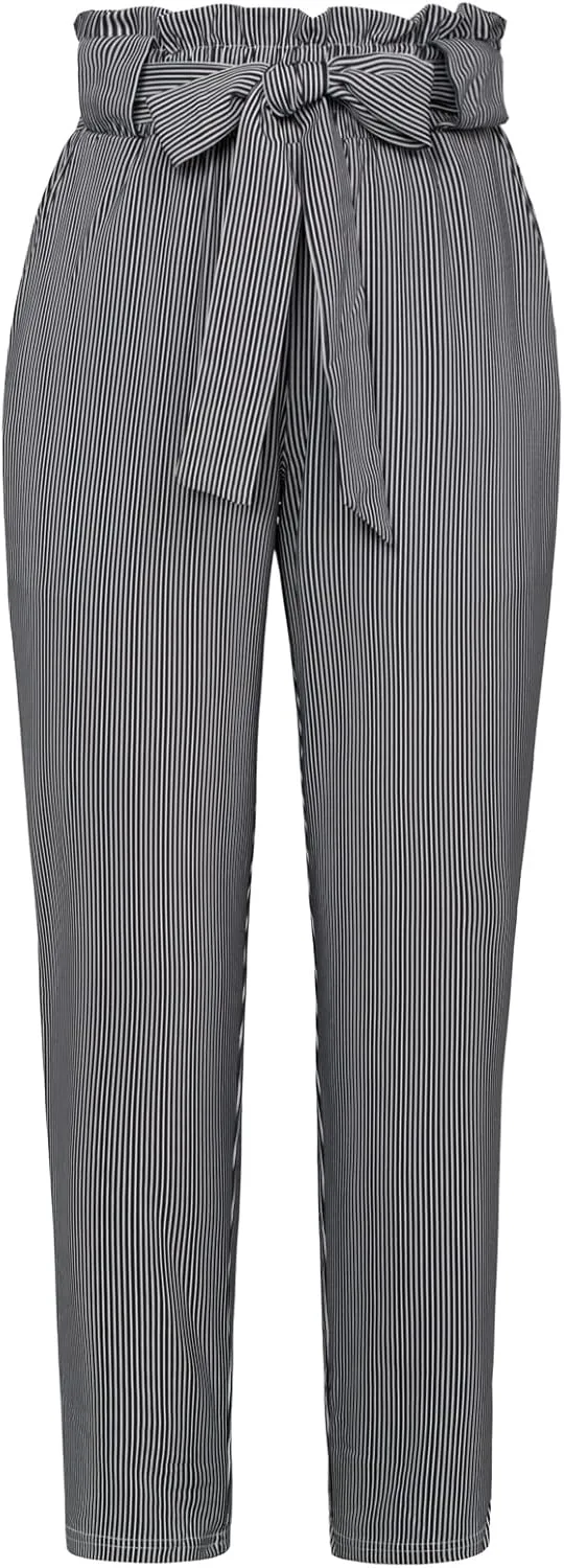 GRACE KARIN Women Pants Striped High Waist Pants Casual Paper Bag Pants with Pockets