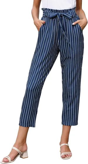 GRACE KARIN Women Pants Striped High Waist Pants Casual Paper Bag Pants with Pockets