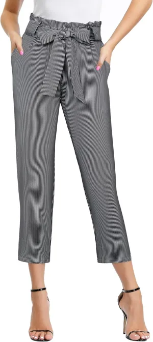 GRACE KARIN Women Pants Striped High Waist Pants Casual Paper Bag Pants with Pockets