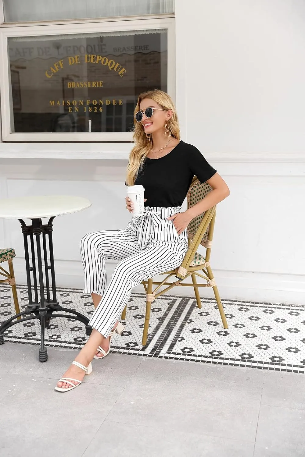GRACE KARIN Women Pants Striped High Waist Pants Casual Paper Bag Pants with Pockets