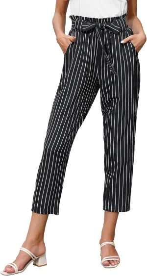 GRACE KARIN Women Pants Striped High Waist Pants Casual Paper Bag Pants with Pockets