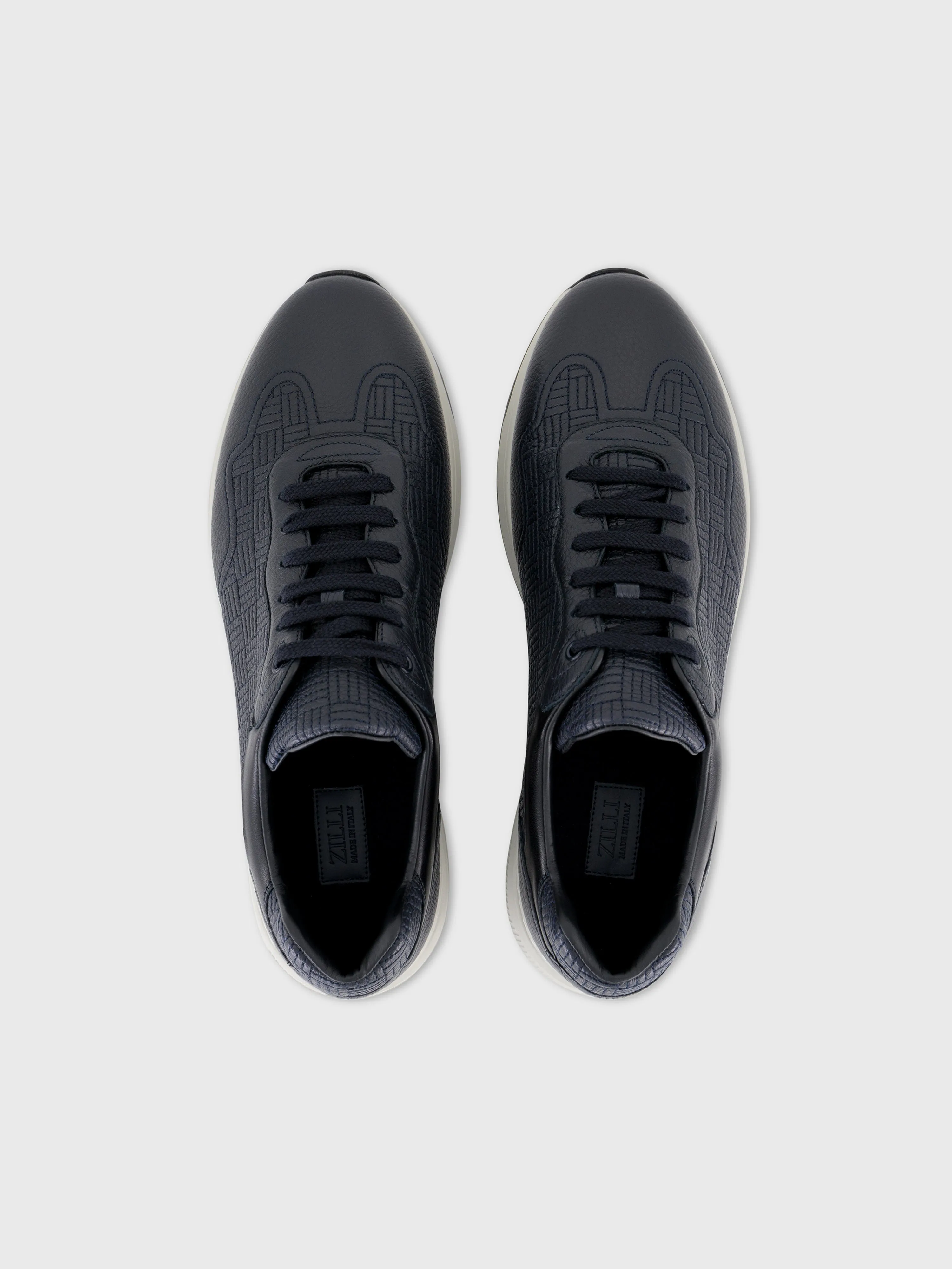 Grid Pattern Calfskin and Lambskin Sneakers Dark Navy