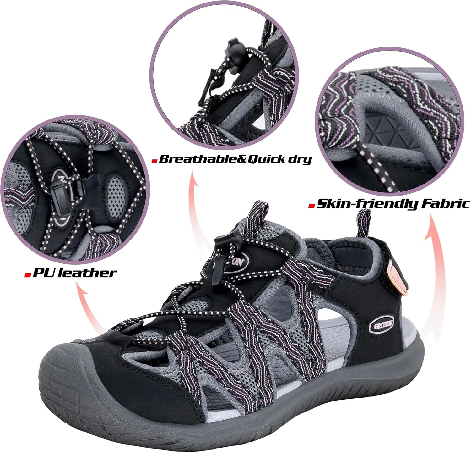 GRITION Hiking Sandals Women Closed Toe, Waterproof Lightweight Adjustable Hiking Athletic Sandals, Breathable For Beach Summer Adventure Comfortable Outdoor Sport