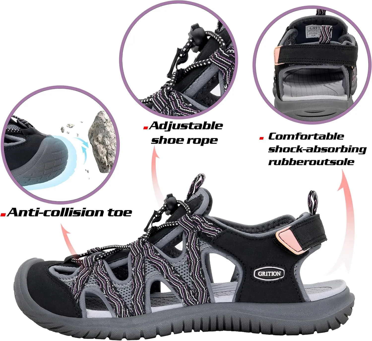 GRITION Hiking Sandals Women Closed Toe, Waterproof Lightweight Adjustable Hiking Athletic Sandals, Breathable For Beach Summer Adventure Comfortable Outdoor Sport