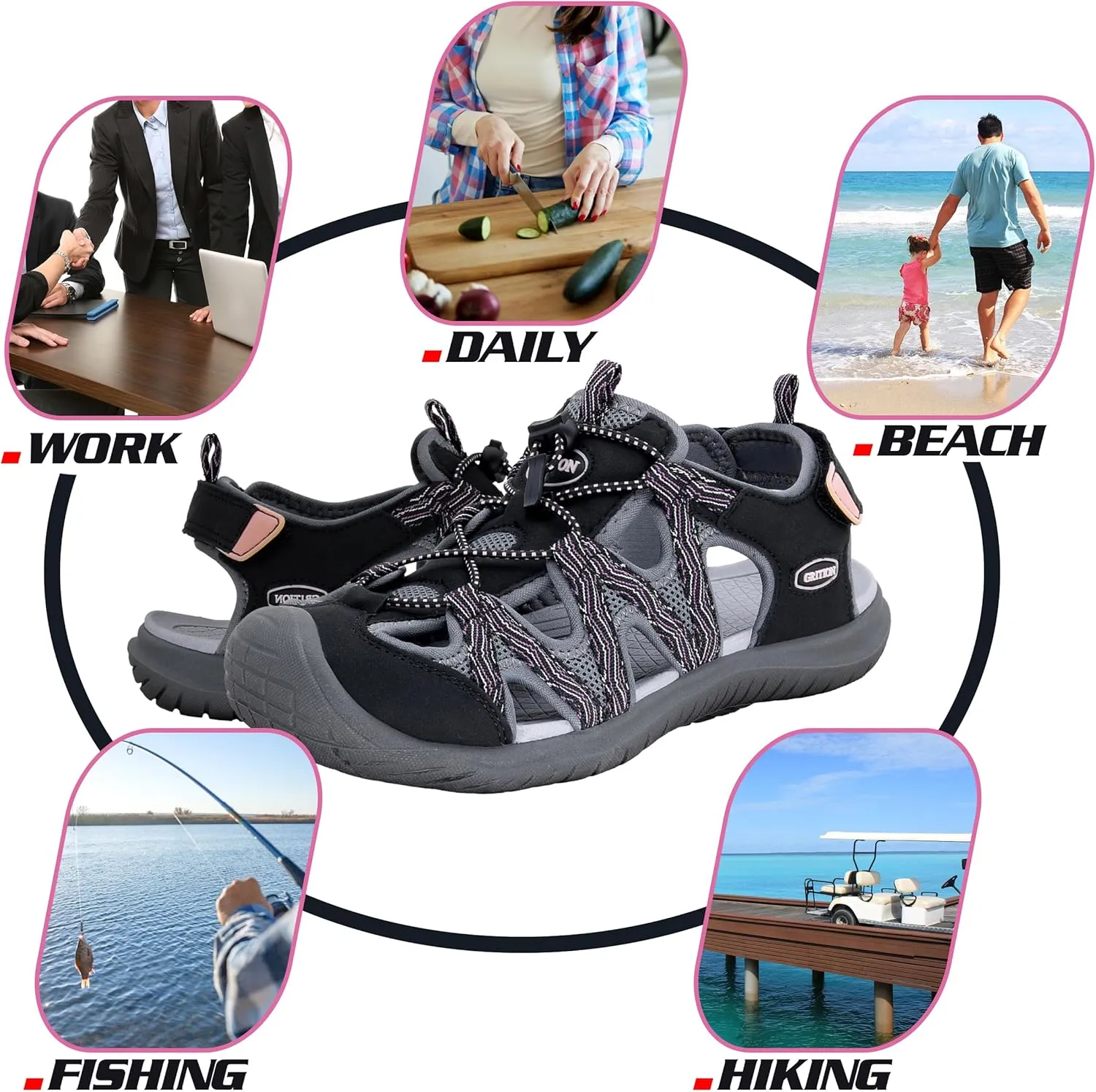 GRITION Hiking Sandals Women Closed Toe, Waterproof Lightweight Adjustable Hiking Athletic Sandals, Breathable For Beach Summer Adventure Comfortable Outdoor Sport