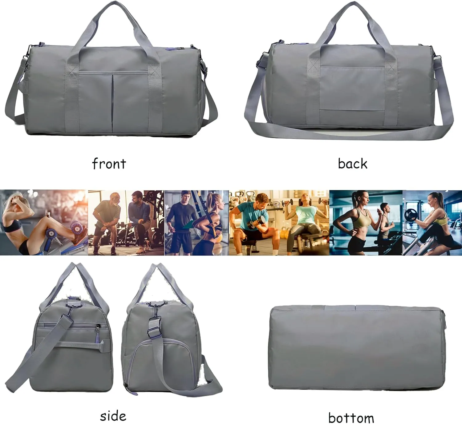 Gym Bag for Men Women with Separation for Wet and Dry, Shoe Storage, Waterproof Travel Duffle Bag for Gym, Swimming, Yoga, Sports (Grey)