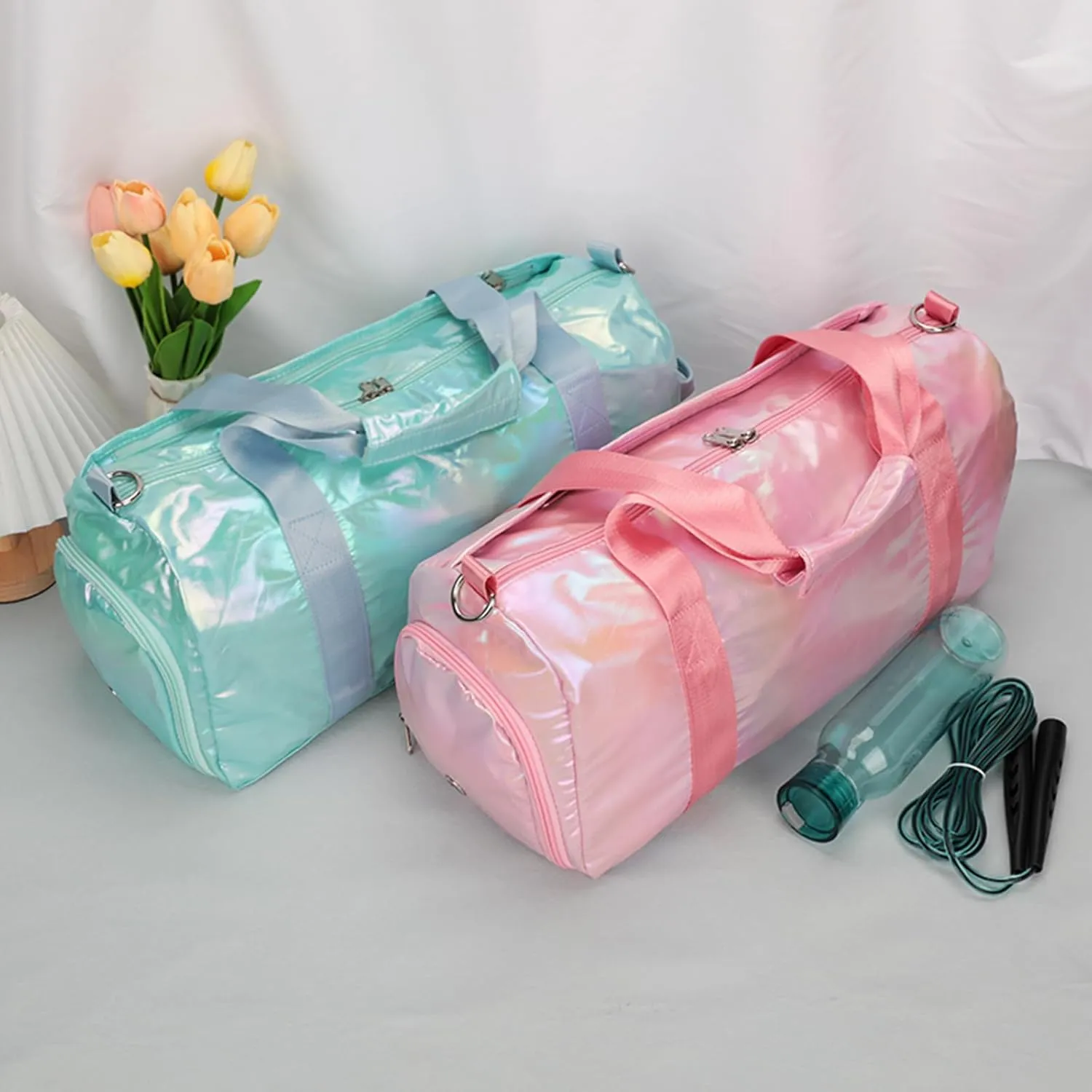 Gym Bag Sports Duffle Bag with Wet Pocket Weekender Overnight Bag with Waterproof Shoe Pouch and Air Hole for Girls Kids Women Travel Foldable Bag (Green)