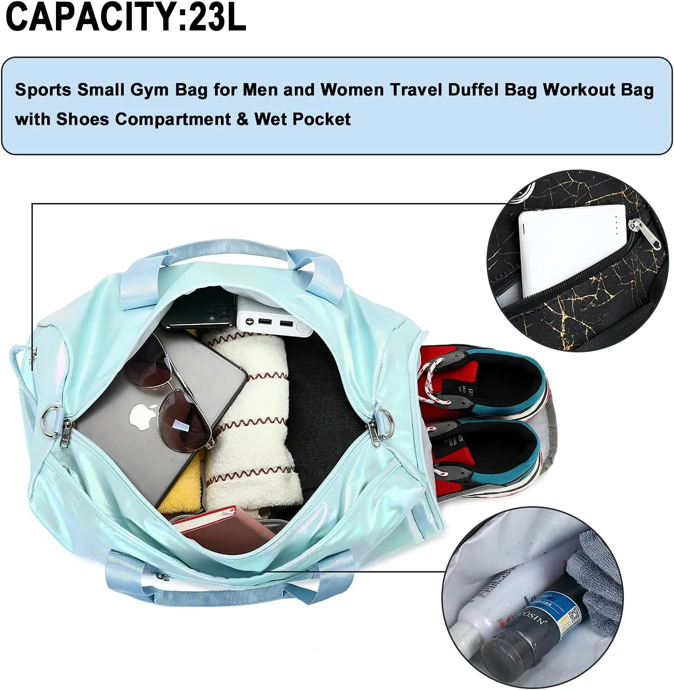 Gym Bag Sports Duffle Bag with Wet Pocket Weekender Overnight Bag with Waterproof Shoe Pouch and Air Hole for Girls Kids Women Travel Foldable Bag (Green)
