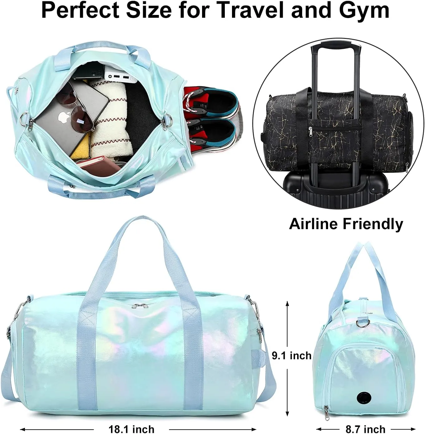 Gym Bag Sports Duffle Bag with Wet Pocket Weekender Overnight Bag with Waterproof Shoe Pouch and Air Hole for Girls Kids Women Travel Foldable Bag (Green)