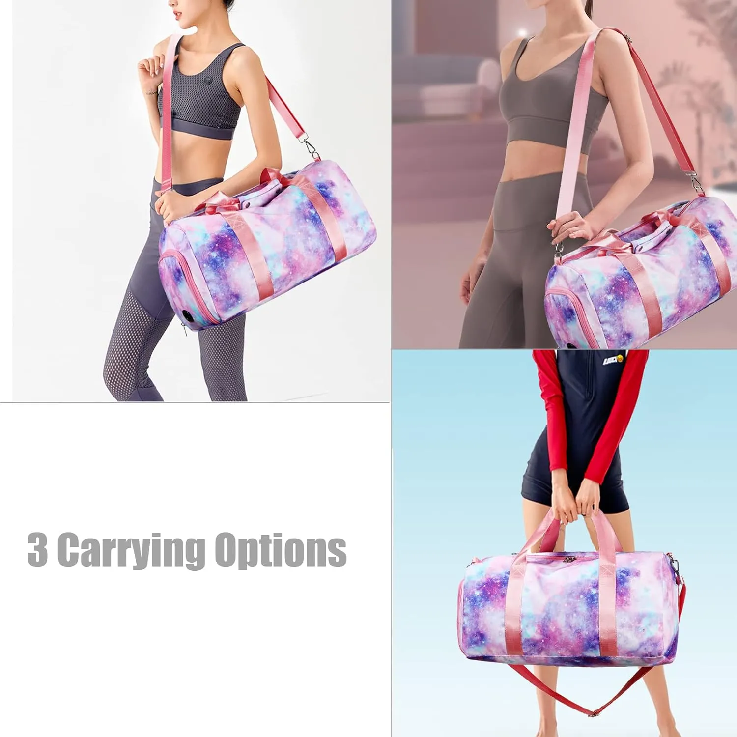 Gym Duffle Bag for Girls, Gymnastics Sports Bag for Teens Women Small Overnight Weekender Carry On Travel Bag with Shoe Compartment and Wet Pocket Galaxy
