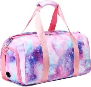 Gym Duffle Bag for Girls, Gymnastics Sports Bag for Teens Women Small Overnight Weekender Carry On Travel Bag with Shoe Compartment and Wet Pocket Galaxy
