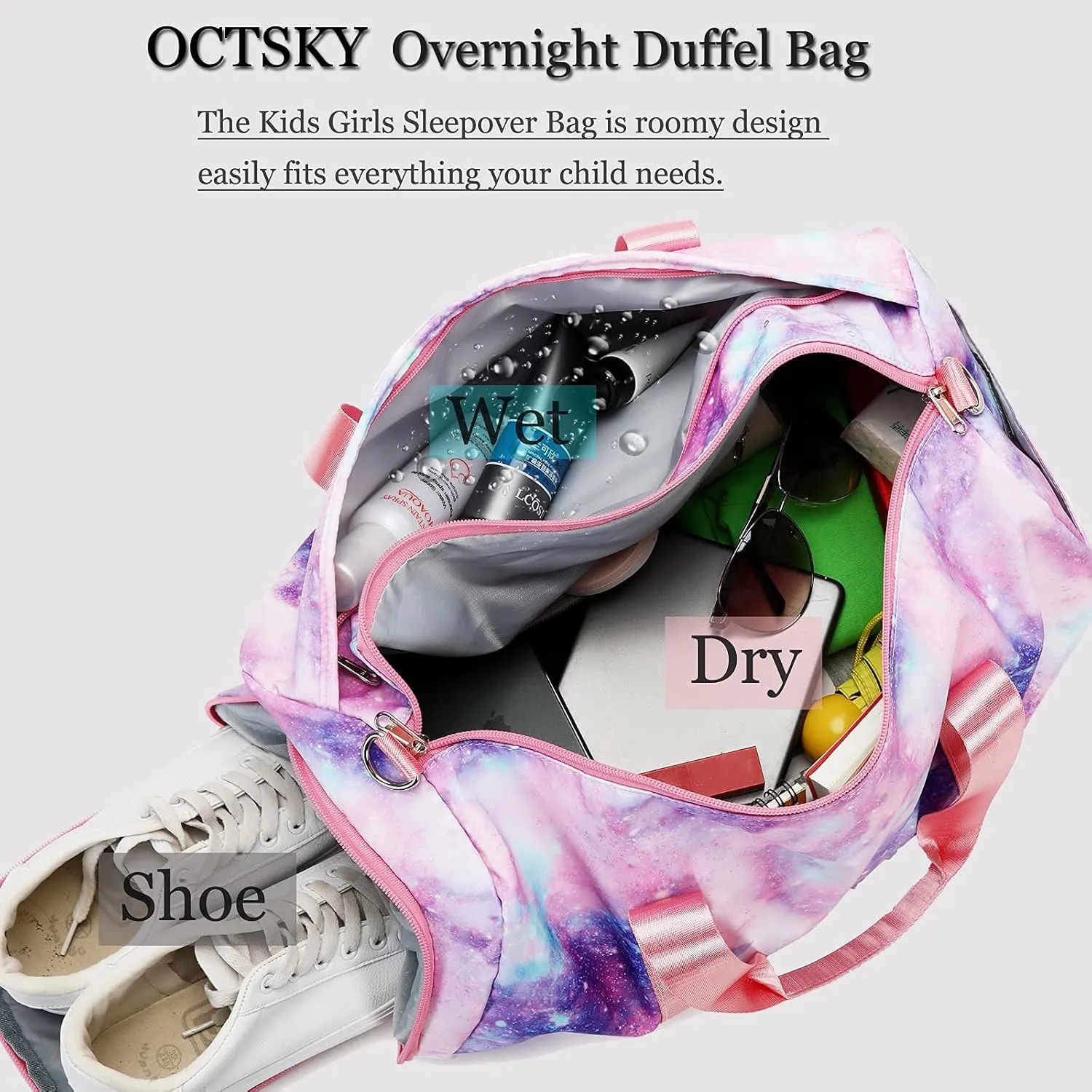 Gym Duffle Bag for Girls, Gymnastics Sports Bag for Teens Women Small Overnight Weekender Carry On Travel Bag with Shoe Compartment and Wet Pocket Galaxy