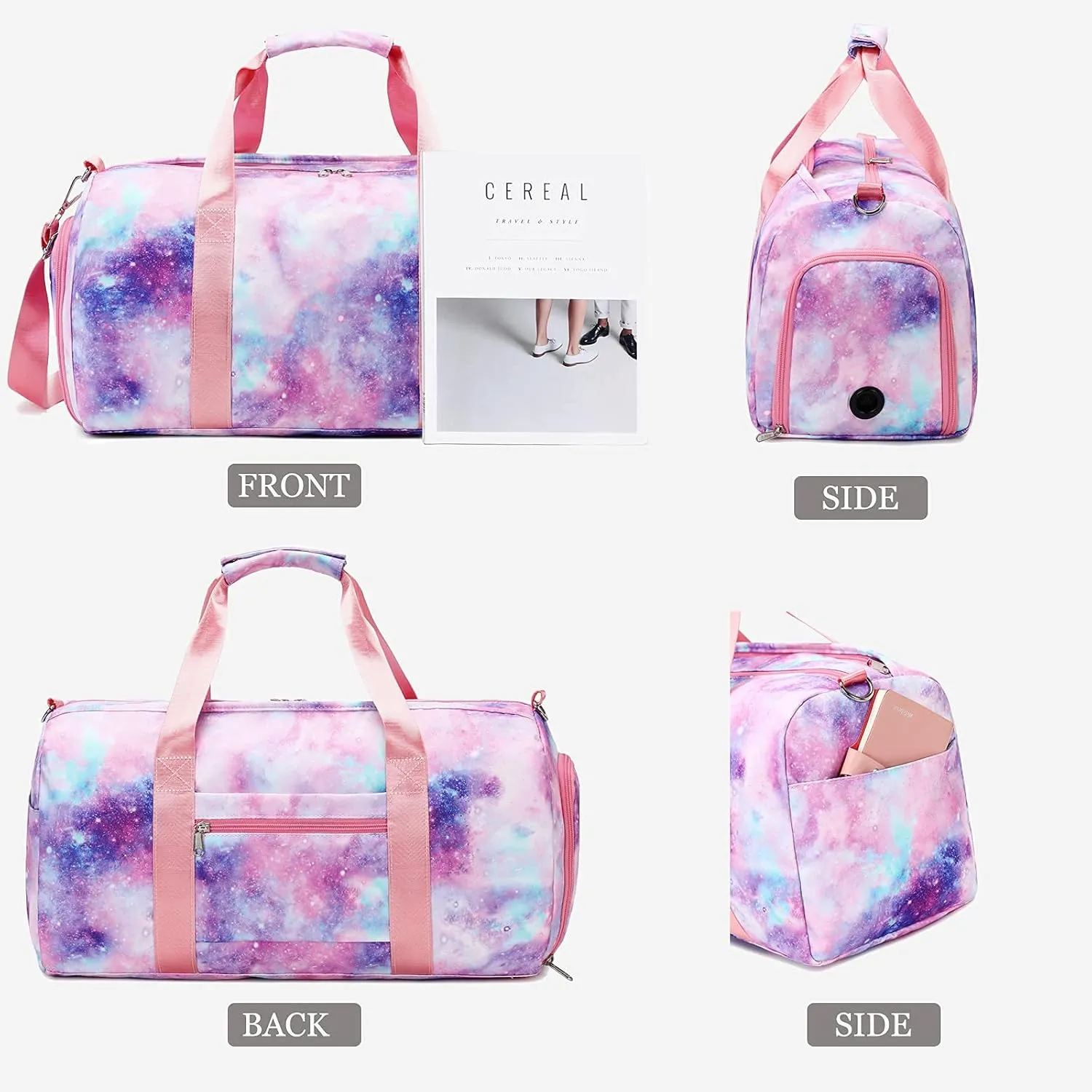 Gym Duffle Bag for Girls, Gymnastics Sports Bag for Teens Women Small Overnight Weekender Carry On Travel Bag with Shoe Compartment and Wet Pocket Galaxy