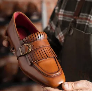 Handmade Tan Leather Fringe Buckle Moccasins for Men