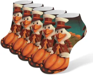 Happy Thanksgiving Turkey Ankle Socks for Men & Women, 5 Pairs Breathable Soft Low Cut Socks, Stretch Sweat Wicking Sox
