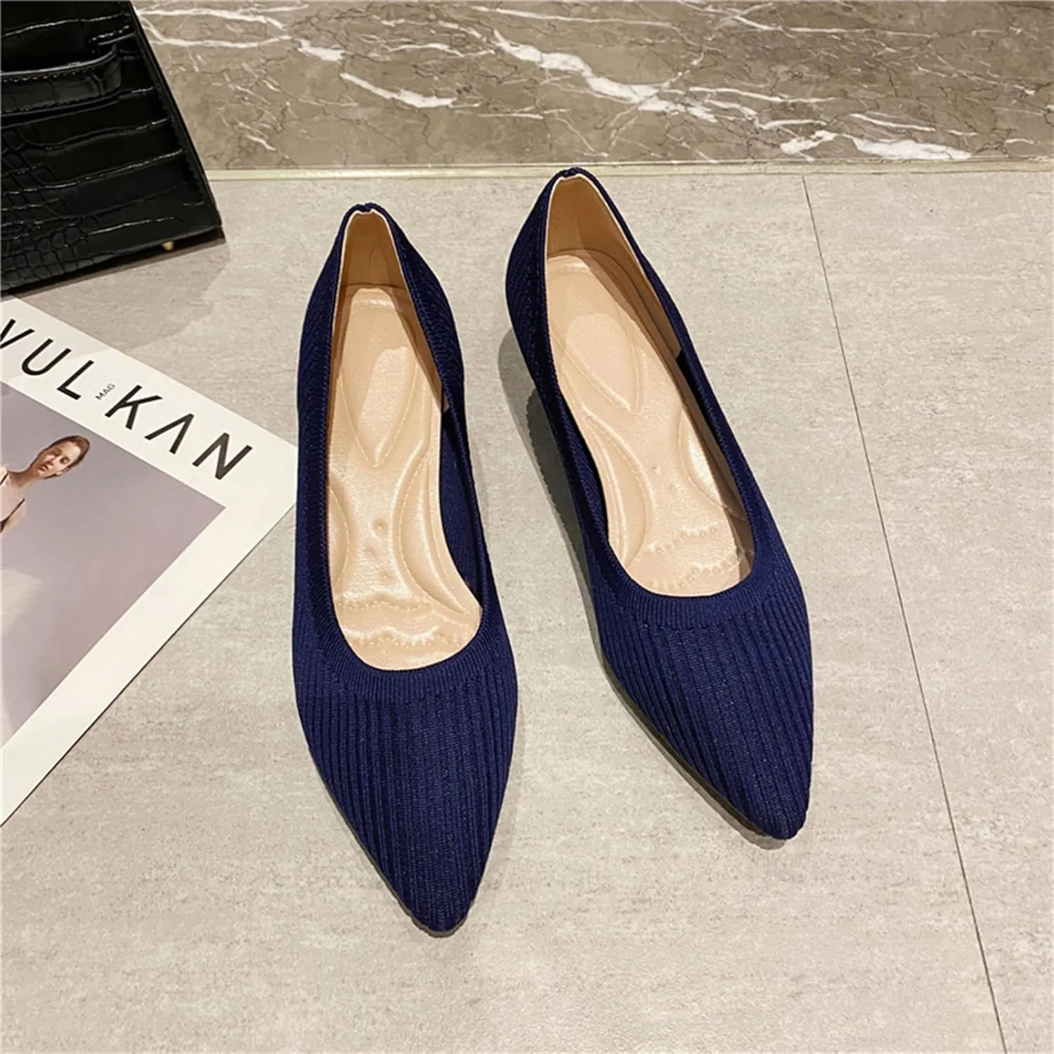HIPPOSEUS Women's Slope Heel Pumps Pointed Toe Work Office Shoes Knitting Fashion Shoes